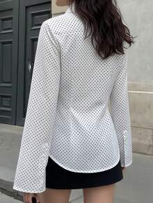 Women's White Polka Dot Polyester Button-Down Shirt, Shirt Collar, Flared Long Sleeves, Regular Length, Suitable For Autumn Wear. - White - View 3