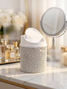 Desktop Cosmetic Trash Can With Rhinestones, Trash Organizer Swivel Lid Desktop Organizer For Dressing Table, Bedroom, Office Shine In The Sun - Multicolor - View 11