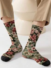 1 Par de Meias Femininas Estéticas Vintage com Estampa Floral 360°, Estilo Campestre Pastoral com Base Verde e Padrão de Rosas Cor-de-Rosa, Meias de Cano Médio Macias e Respiráveis para Uso Diário e Diversos Feriados - Multicolorido - Visão 4