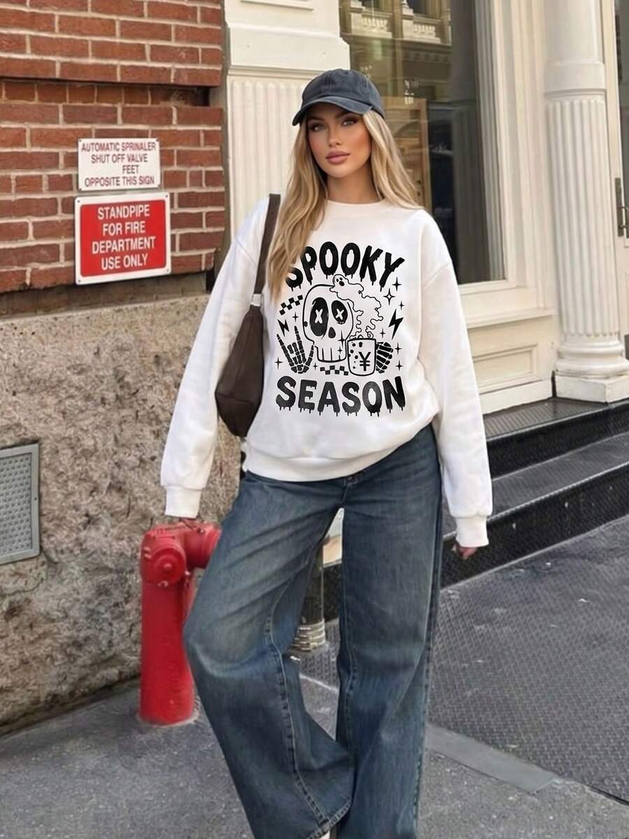 Halloween Skeleton Rock Gesture Print Crew Neck Sweatshirt, White Loose Fit, Autumn Daily Back To School Street Style Versatile Top - White - View 1