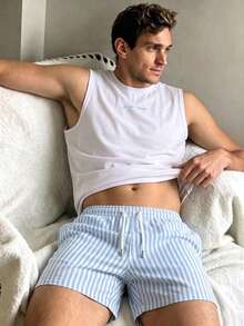 男士夏季圓領休閒背心與休閒短褲居家服套裝 - 白色 - 查看 3