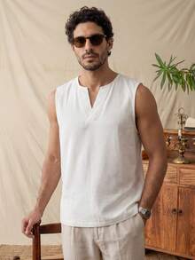 glestore Men's Vintage "Old Money" Style Linen Sleeveless T-Shirt: Soft, Comfortable, And Stylish-A Versatile Choice For Men's Sleeveless Tops - White - View 4