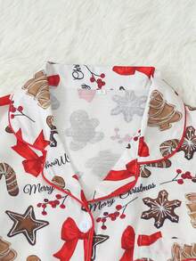 Christmas Print Women's Long Sleeve Long Pants Bubble Crinkle Pajama Set - Apricot - View 2