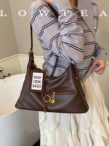 low tea 1pc Fashionable Crescent-Shaped PU Leather Shoulder Bag, Suitable For Commuting, Shopping And More - Coffee - View 12