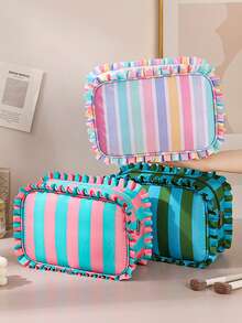 Cute Ruffle Striped Makeup Bag, Large Capacity Zippered Cosmetic Storage Bag, Colorful Striped Toiletries Organizer, Portable Travel Makeup Organizer - Multicolor - View 9