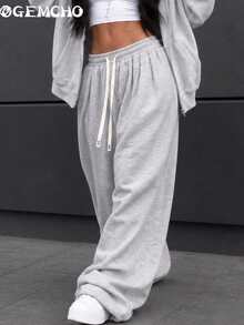 GEMCHO Women's Light Grey Oversized Wide Leg Sweatpants With Elastic Drawstring Waist & Front Pleats, Fall Winter Wear For Campus, Travel & Weekend Outings - Light Grey - View 3