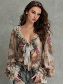 Women's Romantic V-Neck Ruffle Trim All-Over Floral Print Lantern Sleeve Top Vacation - Multicolor - View 1