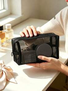 Black Mesh Makeup Bag Set 3 Sizes S/M/L, Portable Travel Cosmetic Storage Bag, Transparent Visible Toiletry Organizer, Suitable For Women - Black - View 2