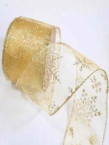 1PC Gold Foil Snow Tulle With Wired Edge Snowflake Organza Christmas Decorative Ribbon With Silver Glitter Bow Material - Multicolor - View 8