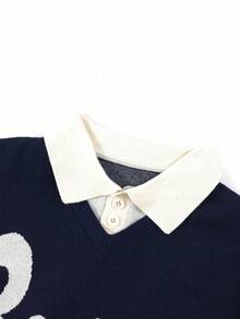 Áo len nam 2 trong 1 màu xanh navy cổ bẻ, dệt jacquard họa tiết chữ, cổ chữ V, dáng rộng vai trễ, áo chui đầu dệt kim phong cách thường ngày - Màu xanh lam - Xem 6