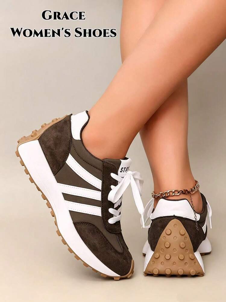 Women's Lightweight Running Sneakers, Lace-Up Closure, Multi-Functional Flat Sole, Multiple Colors, All Season Outdoor Shoes - Brown - View 5