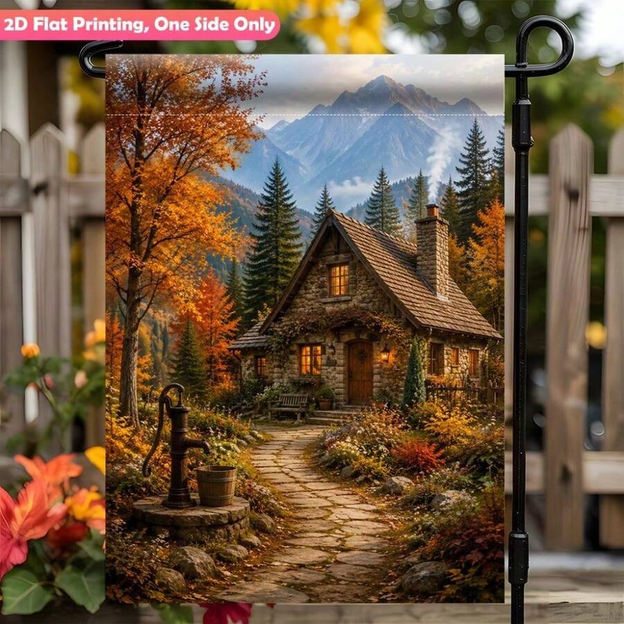 1 Pc Garden Flag, Stone Cottage Golden Autumn‑Tree Snow‑Mountain Print, Stone Path Old Well Floral Details, Flag Only No Pole, For Yard Outdoor Decor - A - View 1