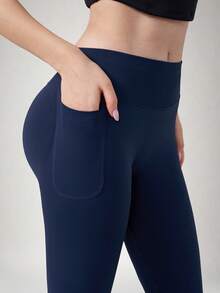 NcmRyu Celana Panjang Wanita 1 Potong Warna Blok dengan Lipatan Pinggang Tinggi untuk Lari, Gym, dan Yoga dengan Potongan Kaki Melebar - Navy Blue - View 2