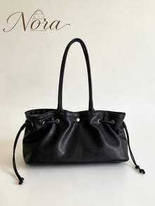 Black Soft Drawstring Shoulder Bag, Minimalist Ruched Slouchy, Large Capacity Commuter Underarm Bag For Women - Black - View 3