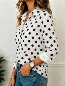 Women's Fashion Polka Dot Button Shirt Collar Long Sleeve Polyester Blouse, Autumn Non-Stretch Polyester Fiber Material, Front Button Lapel Design, Versatile Regular Fit, Suitable For Daily Casual Office Wear - White - View 1