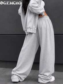 GEMCHO Women's Light Grey Oversized Wide Leg Sweatpants With Elastic Drawstring Waist & Front Pleats, Fall Winter Wear For Campus, Travel & Weekend Outings - Light Grey - View 2