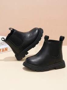 1 Pair Kids Chelsea Ankle Boots, Soft PU + Elastic Fabric Material, Round Toe, Thick Sole, Inner Zipper Design, Classic British Style Boots, Suitable For Boys And Girls Students Daily School And Vacation, Autumn/Winter New - Black - View 4