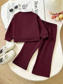 Tween Girl Cartoon Number Pattern Embroidered V-Neck Long Sleeve Sweatshirt And Pants - Burgundy - View 3