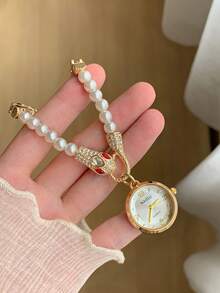 1pc Round White Dial Adjustable White Beaded Strap Delicate Mixed Markers Suitable For Various Occasions. - Gold - View 5
