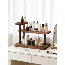 1pc Vintage Wooden Desktop Perfume & Cosmetics Storage Rack, Retro Solid Wood Makeup Organizer, Multi-Tier Display Shelf, Skincare Products Storage Rack, Suitable For All Seasons - Brown - View 3