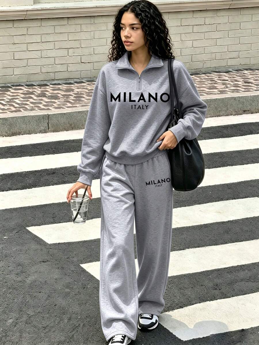 2pcs Set Half-Zip Sweatshirt And Wide Leg Pants For Teen Girls, Loose Fit Stand Collar Sweatshirt With English Letter Print And Loose Wide Leg Pants, Suitable For Autumn/Winter Daily Wear - Multicolor - View 1