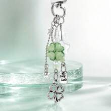 Green Four-Leaf Clover Lucky Keychain, Silver Star And Bead Pendant, Creative Bag Charm - A - View 7