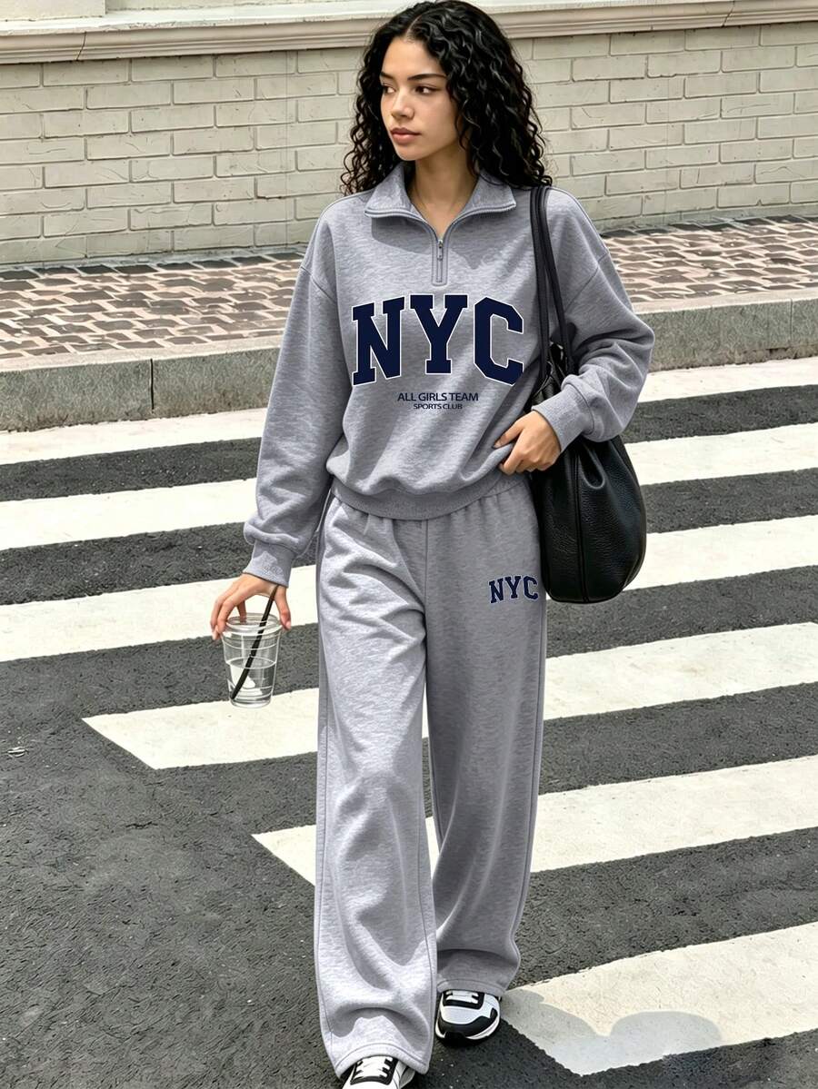 Set 2 pcs Sweatshirt Setengah Resleting dan Celana Panjang Lebar untuk Wanita Muda dan Anak Perempuan, Sweatshirt Kerah Tegak Longgar dengan Cetakan Huruf Inggris dan Celana Panjang Lebar Longgar, Cocok untuk Pakaian Sehari-hari Musim Gugur/Dingin - MultiWarna - View 1