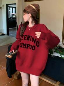 女士超大号厚红色针织毛衣，休闲风格，秋冬 - 紅色 - 查看 1