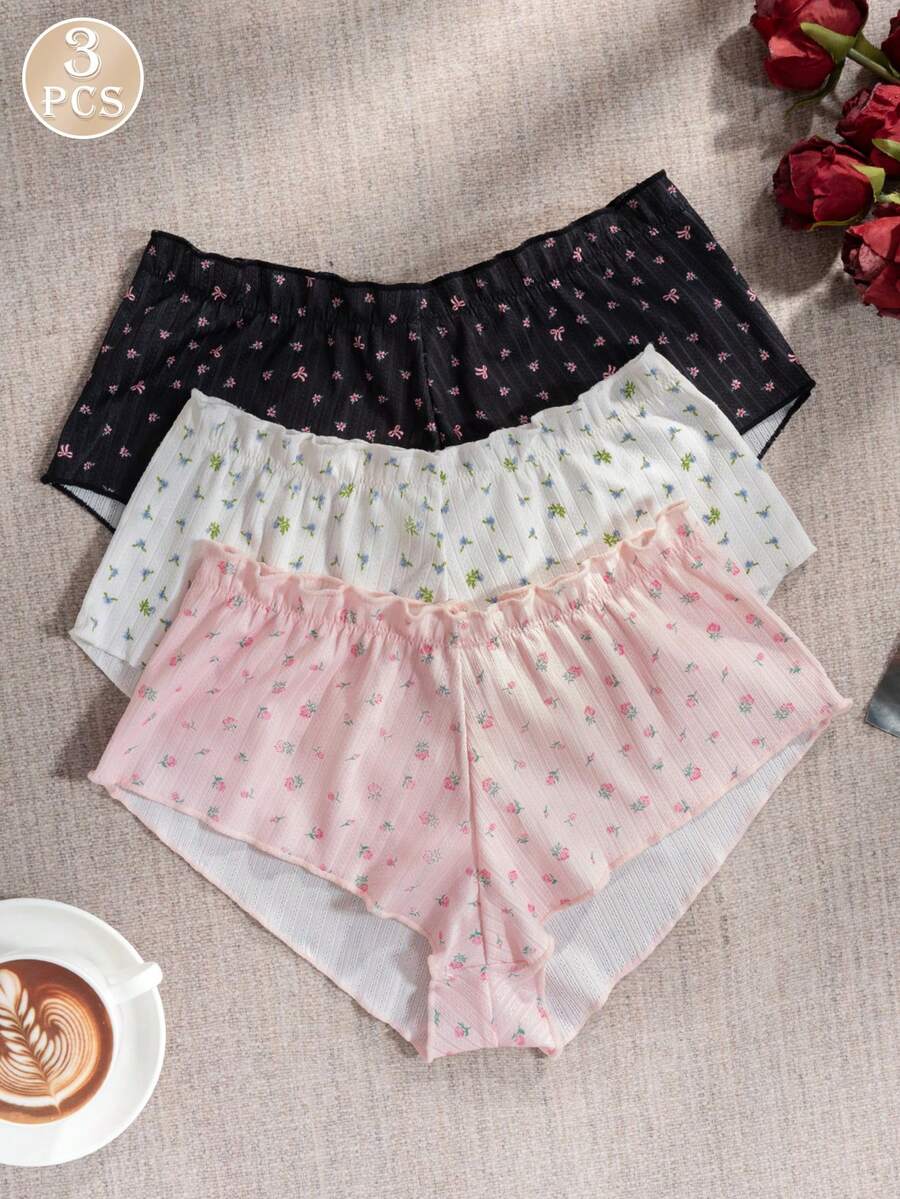 3pcs Ditsy Floral Ribbed Knit Wavy Edge Mid-Waist Panties, Cute Soft Breathable Women's Hipster Underwear Set - Multicolor - View 1