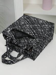 DLIU 1pc New Arrival Thick Fabric Tote Bag Lunch Box Bento Bag Square Storage Bag Office Commute Shopping Bag Suitable For Work School Picnic Daily Use - Black and White - View 4