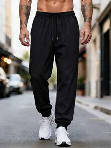 Men's Lightweight Casual Long Pants For Spring, Summer, Autumn, Drawstring Waist Design, Simple Basic Style, Suitable For Outdoor Sports And Daily Wear, Perfect Gift For Husband, Boyfriend - Black - View 1