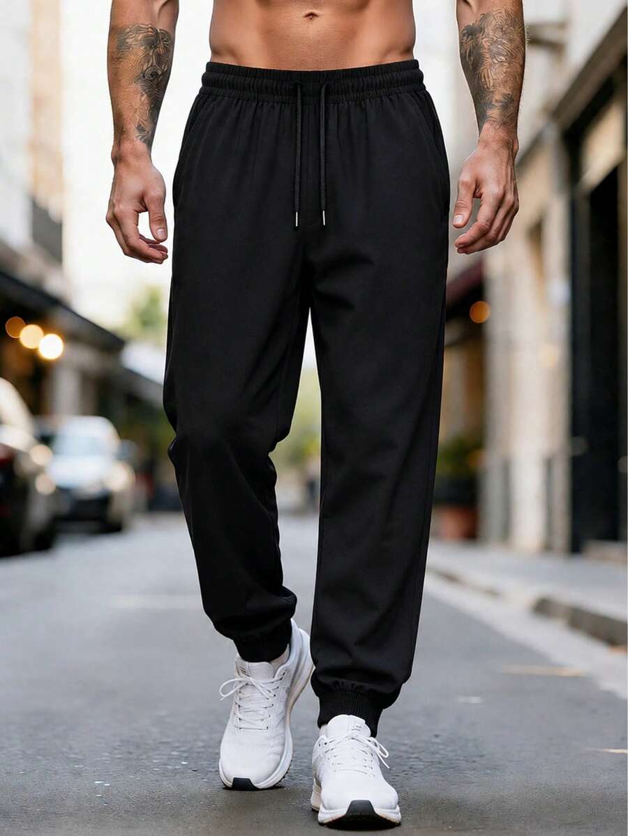 Men's Lightweight Casual Long Pants For Spring, Summer, Autumn, Drawstring Waist Design, Simple Basic Style, Suitable For Outdoor Sports And Daily Wear, Perfect Gift For Husband, Boyfriend - Black - View 1