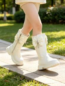 1 Pair Cream White Satin Bow Rhinestone Tassel Decor Smooth Faux Leather Side Zipper Round Toe High Shaft Thick Sole Sweet Princess Style Children's Tall Boots For Party Holiday Daily Wear - White - View 7