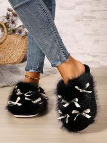 Bowknot Plush Closed-Toe Slippers, New Autumn/Winter Home Warm Cute Fuzzy Slippers For Indoor And Outdoor Wear - Black - View 7