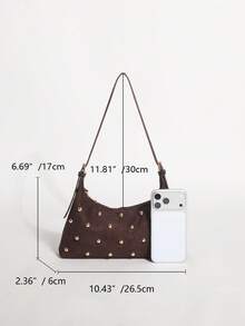 1pc Brown Textured Velvet Crescent Bag With Rivet Embellishment, Baguette Underarm Shoulder Bag For Women, Suitable For Commuting, Dating And Shopping - Coffee - View 4