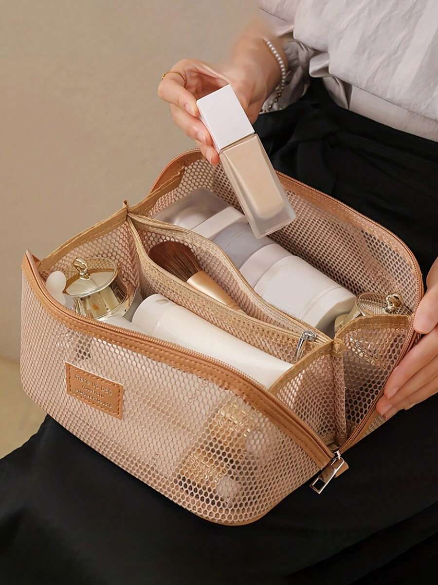 1 pieza Bolsa de maquillaje de malla de nailon de gran capacidad, bolsa de almacenamiento de artículos de tocador de viaje multifuncional con compartimentos y asa