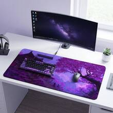 Purple Ancient Architecture Foggy Flower Tree Art Pattern Extra Long Gaming Mouse Pad And Desk Mat Set, Non-Slip Durable Rubber Bottom, Smooth Surface Suitable For Computer Laptop Office Home, Abstract Art Decoration, Back To School Supplies - A - View 3
