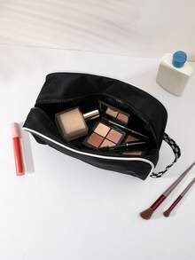 1pcs Women's Black Contrast Piping Makeup Bag With Checkerboard Handle, Large Capacity Cosmetic Organizer - View 5