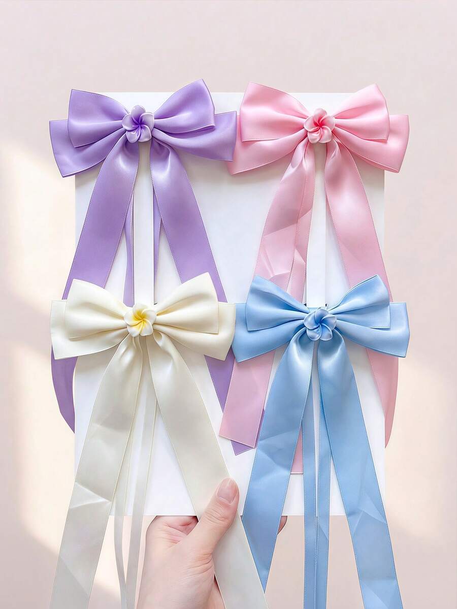 1/2/4pcs/Set Plumeria Ribbon Bow Hair Clips, Sweet Hair Accessories - Suitable For Girls And Women, Applicable For Daily Outings, Vacations, Parties And Photo Shoots - Multicolor - View 1