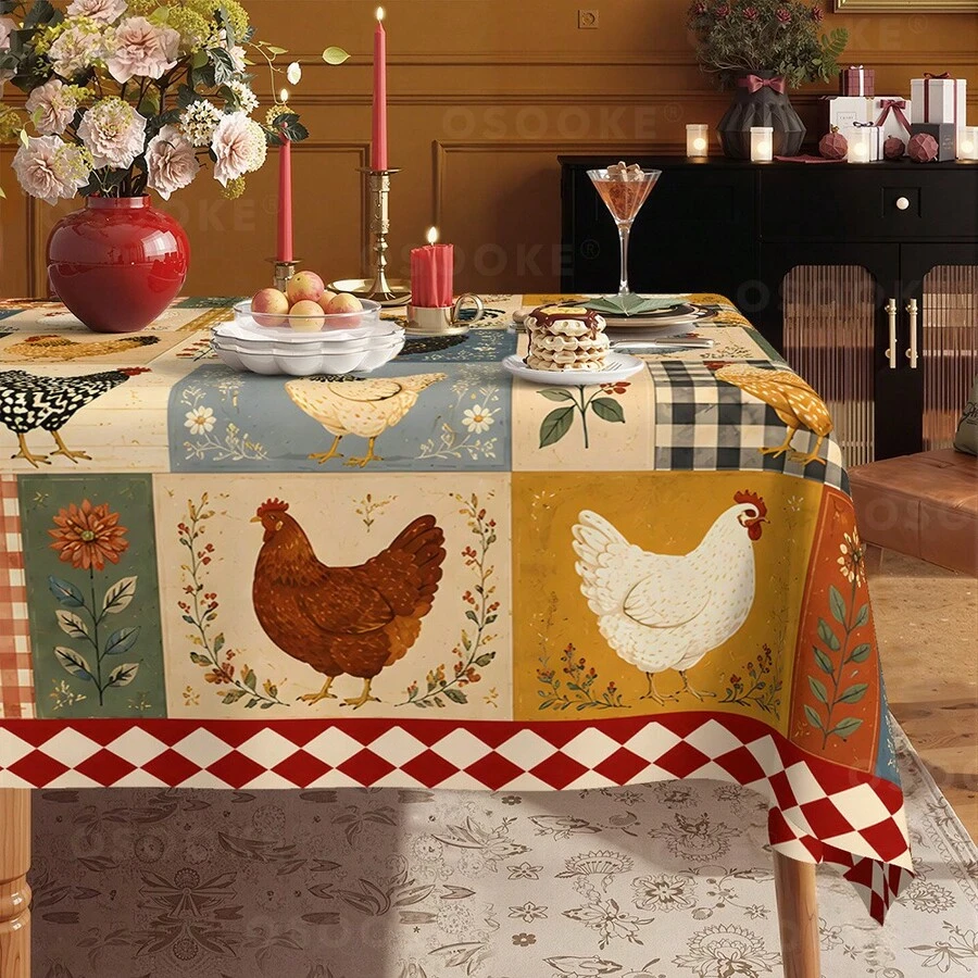 Farmhouse Rooster Patchwork Tablecloth, Rectangular Country Kitchen Table Cover With Chicken Print, Rustic Dining Room Decor For Everyday Meals, Family Gatherings, Cottage Home And Seasonal Styling - A - View 1