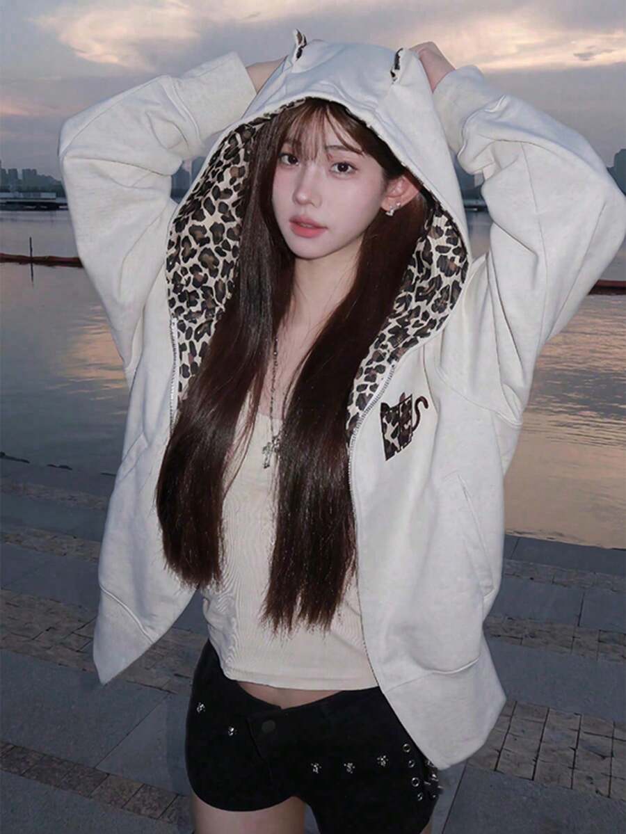 New Women's Autumn Clothing Loose Minimalist Casual American Style Patchwork Layered Leopard Print Hooded Sweatshirt Jacket Spring Thin - Grey - View 1