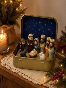 1 Set - Christmas Nativity Scene Set In Tin Box, Christmas Nativity Scene Set, Jesus Statue, Suitable For Holy Family, Statue Tin Box Set, Handmade Small Nativity Scene Set, Holiday Decoration, Gift For Friends, Nativity Scene Set - one-size - View 8