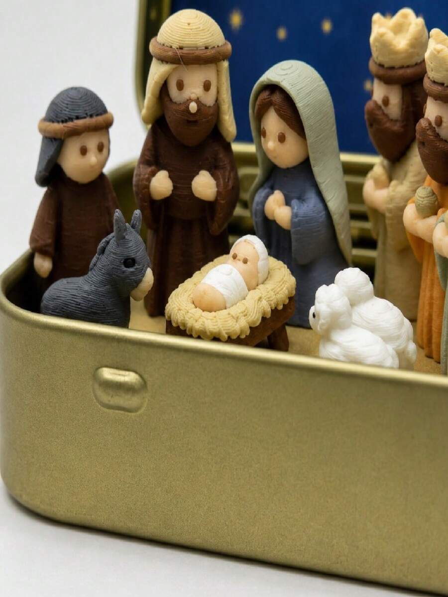 1 Set - Christmas Nativity Scene Set In Tin Box, Christmas Nativity Scene Set, Jesus Statue, Suitable For Holy Family, Statue Tin Box Set, Handmade Small Nativity Scene Set, Holiday Decoration, Gift For Friends, Nativity Scene Set