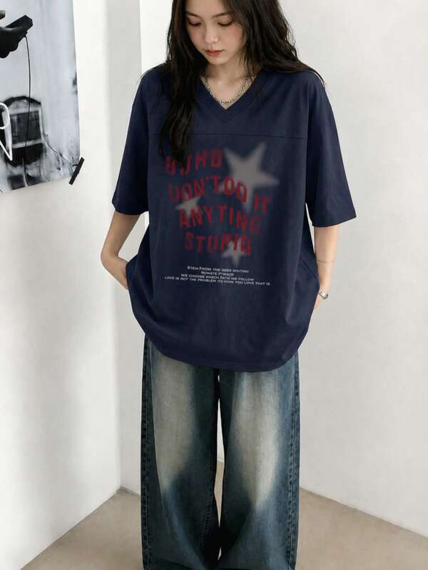 女士时尚宽松休闲复古V领字母星星印花短袖T恤，夏季