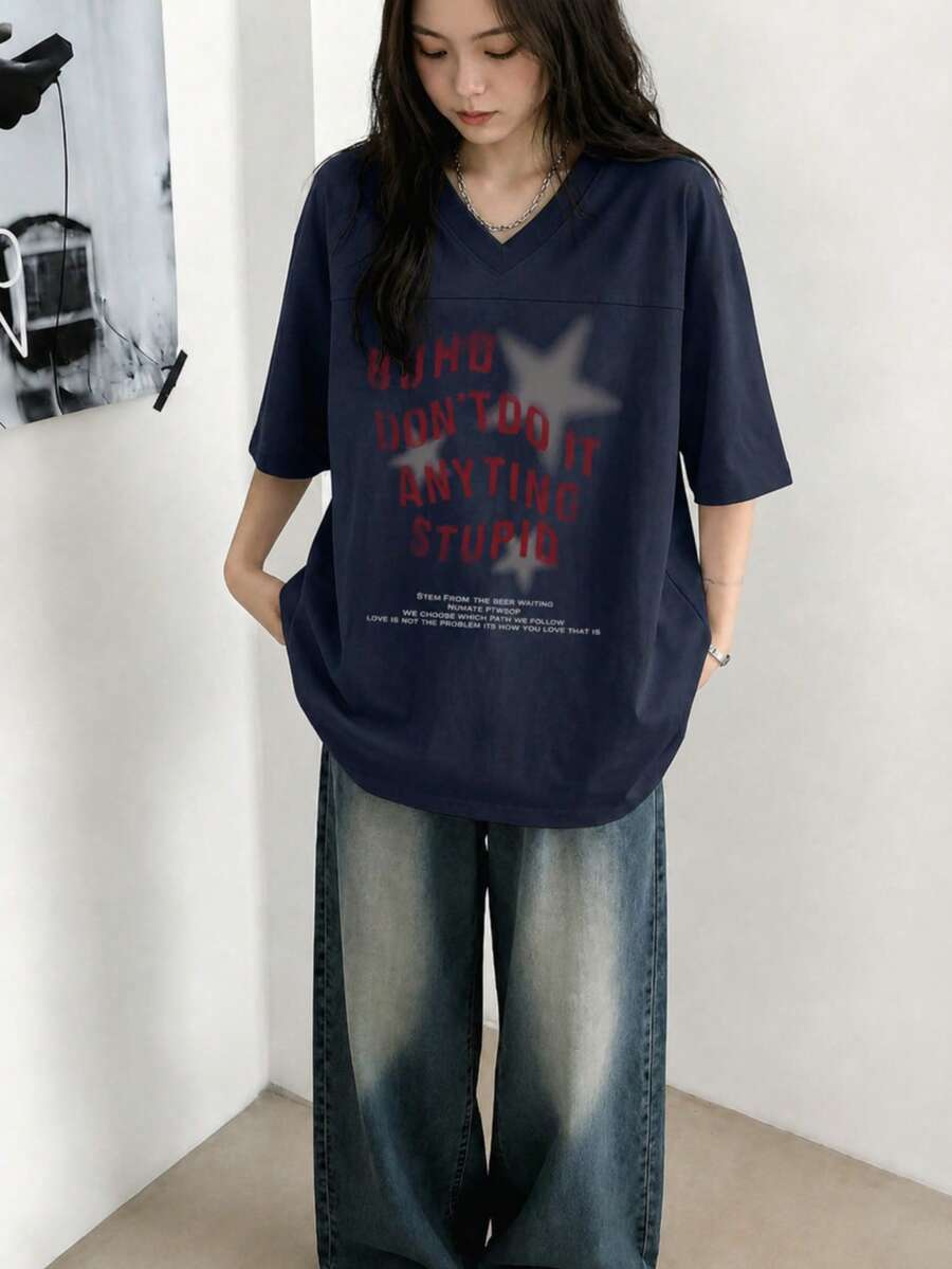Women's Fashion Loose Casual Retro V-Neck Letter & Star Print Short Sleeve T-Shirt, Summer - Navy Blue - View 1