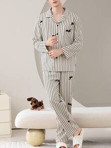 2pcs/Set Men's Pajamas Loungewear Set, Lapel Cardigan Cute Couple Style Long Sleeve Long Pants, Easy Care Fabric - Black and White - View 6