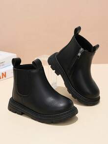 1 Pair Kids Chelsea Ankle Boots, Soft PU + Elastic Fabric Material, Round Toe, Thick Sole, Inner Zipper Design, Classic British Style Boots, Suitable For Boys And Girls Students Daily School And Vacation, Autumn/Winter New - Black - View 3
