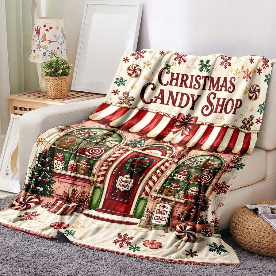 1pc Christmas Themed Blanket, Christmas Candy Store Mint Peppermint Gingerbread Lollipop Pattern Living Room Sofa Bedroom Nap Throw Blanket - Multicolor - View 1