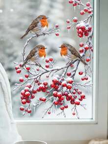 1PC Christmas Robin Window Sticker, 3 Cute Red-Breasted Birds Perched On Snow-Covered Red Berry Branches, Easy To Install Double-Sided Visible Static Adhesion Window Decal, Suitable For Home Living Room Kitchen Glass Window Winter Holiday Decoration Sticker, Beautiful Sticker - Robin - View 7