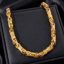 Personalized 18K Gold Plated Stainless Steel Byzantine Chain Necklace, Textured Rectangular Link Men's Hip Hop Street Style Jewelry - Gold - View 4